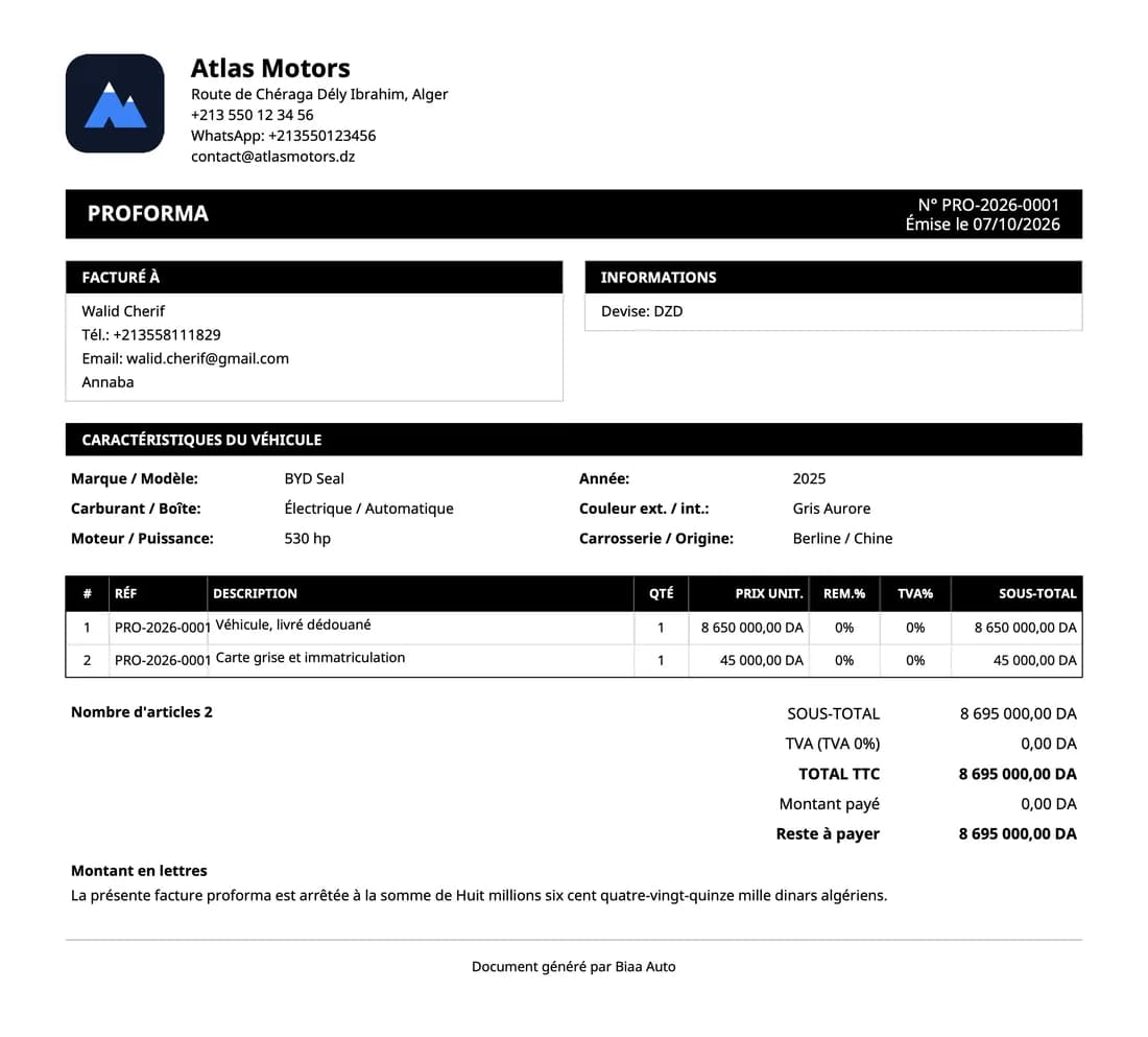 Une facture pro forma d'Atlas Motors, en PDF